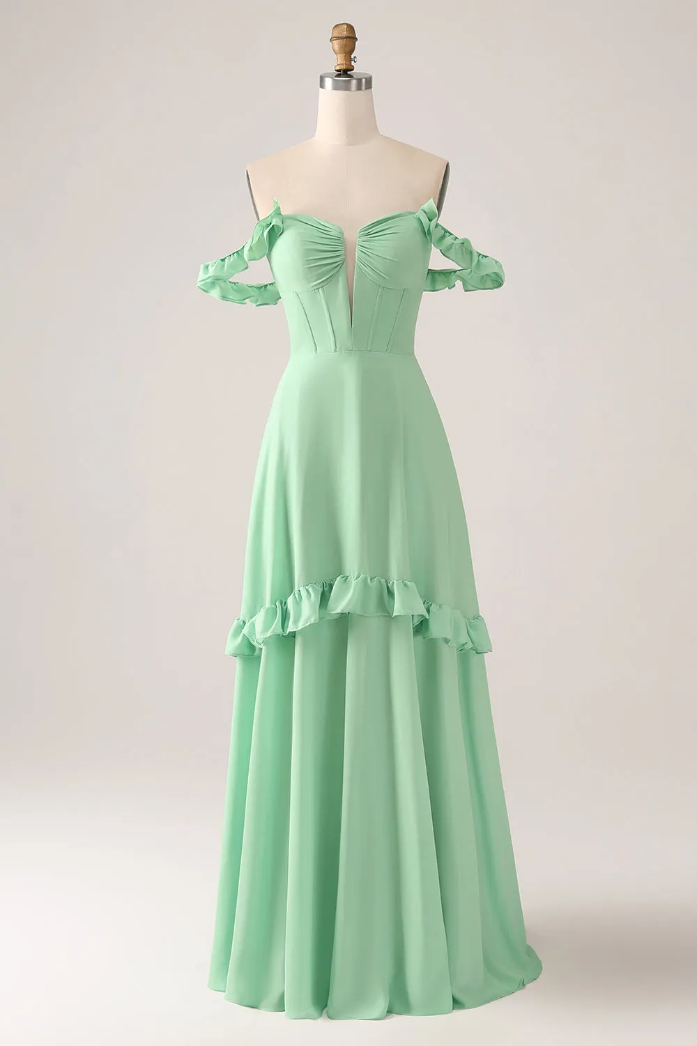 Green A Line Off The Shoulder Corset Bridesmaid Dress With Ruffles sold by Zapaka product image thumbnail 4