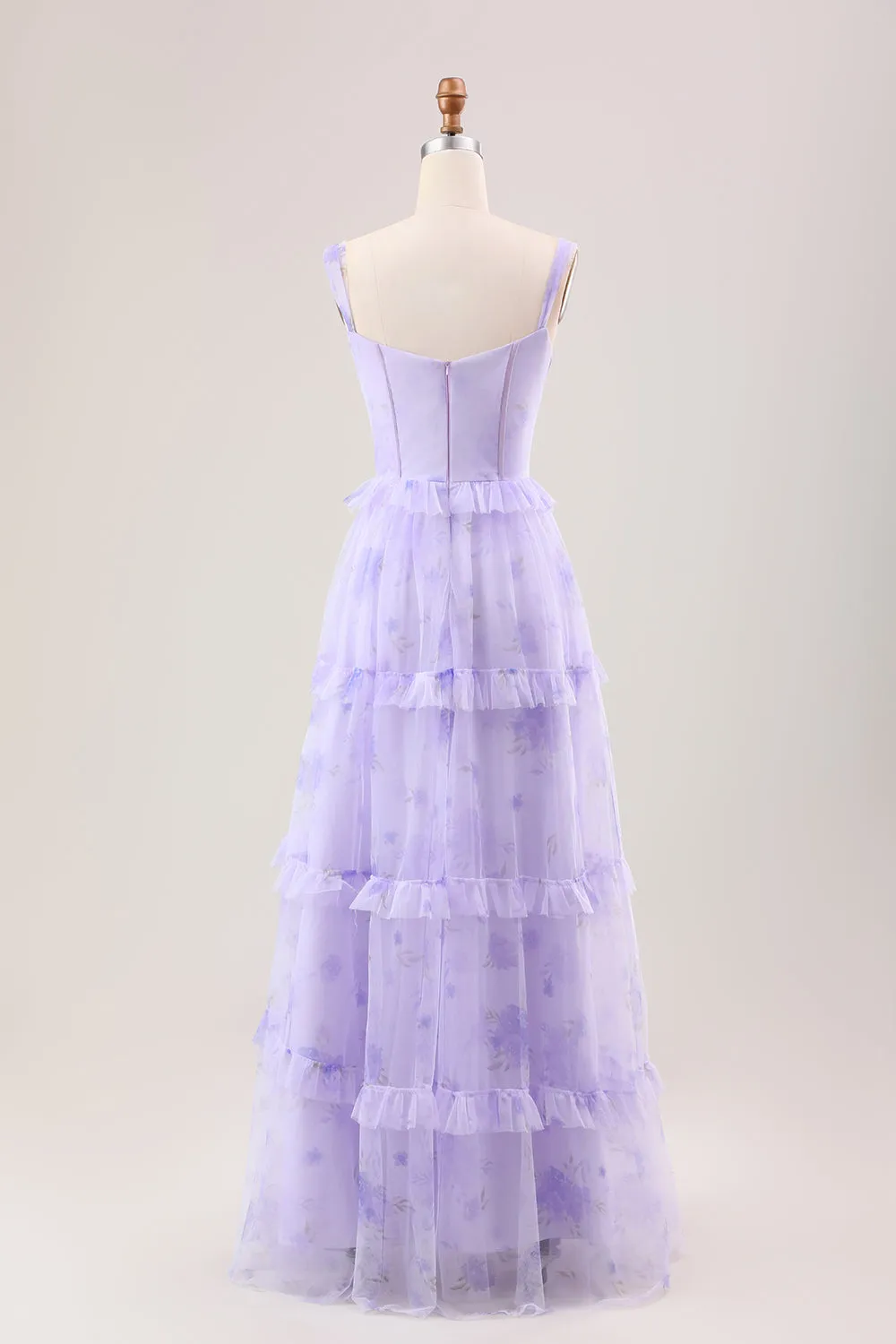 Lavender A Line Corset Spaghetti Straps Floral Tiered Long Bridesmaid Dress sold by Zapaka product image thumbnail 2