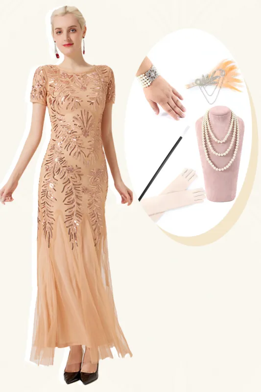 Champagne Sequins Short Sleeves Long 1920s Dress with 20s Accessories Set sold by Zapaka