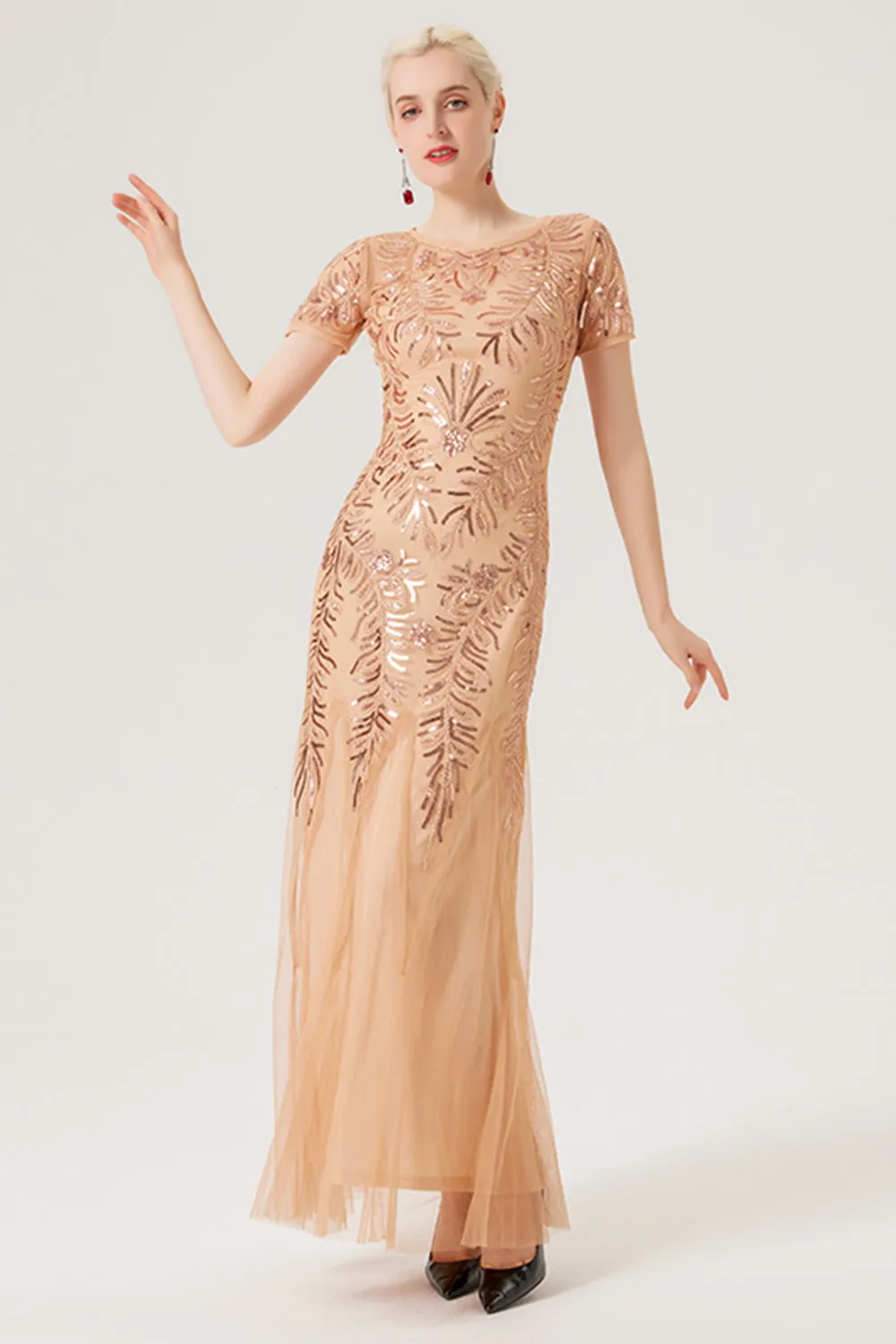 Champagne Sequins Short Sleeves Long 1920s Dress with 20s Accessories Set sold by Zapaka product image thumbnail 2