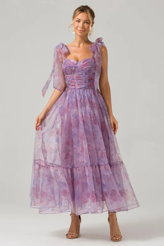 Purple A Line Pleated Printed Tea-Length Prom Dress sold by Zapaka