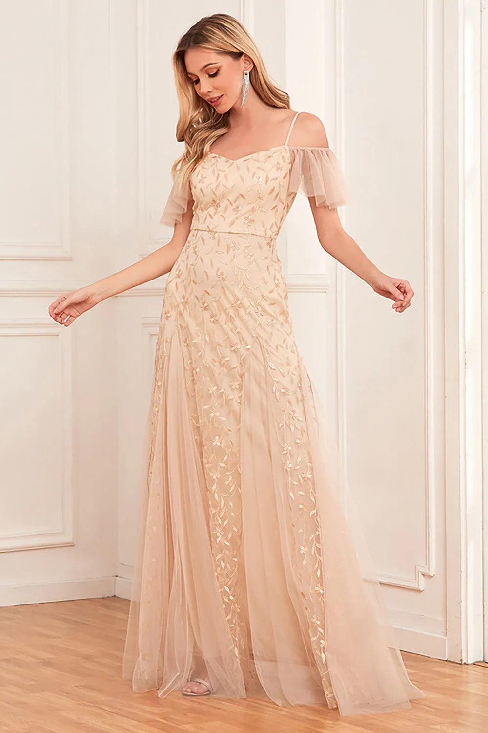 Champagne A-Line Cold Shoulder Long Prom Dress sold by Zapaka product image thumbnail 5