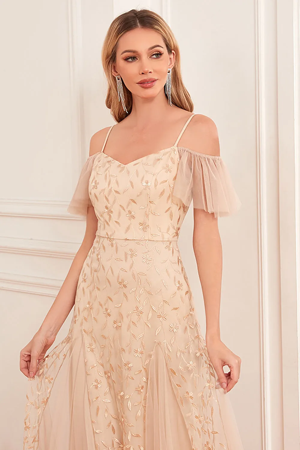 Champagne A-Line Cold Shoulder Long Prom Dress sold by Zapaka product image thumbnail 4