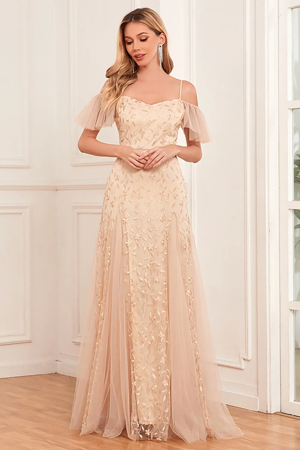 Champagne A-Line Cold Shoulder Long Prom Dress sold by Zapaka