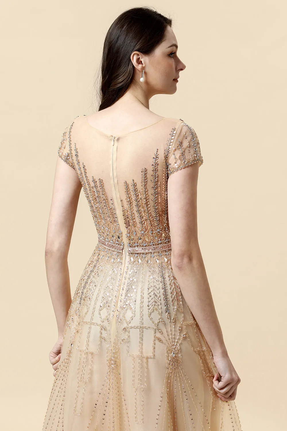 A Line Round Neck Golden Beaded Floor Length Formal Dress sold by Zapaka product image thumbnail 4
