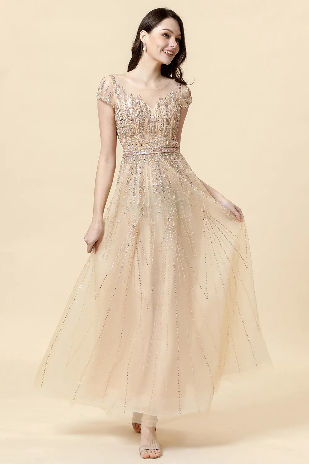 A Line Round Neck Golden Beaded Floor Length Formal Dress sold by Zapaka