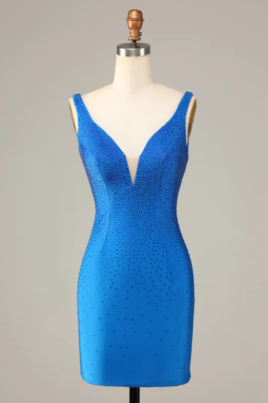 Sheath Deep V Neck Blue Short Homecoming Dress with Beading sold by Zapaka