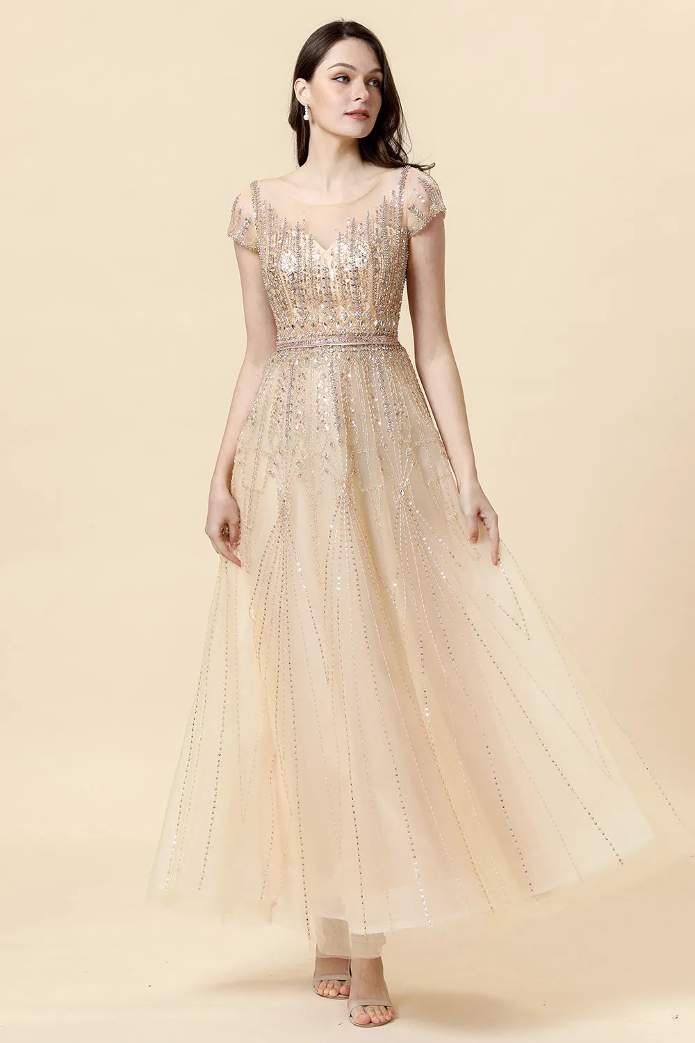A Line Round Neck Golden Beaded Floor Length Formal Dress sold by Zapaka product image thumbnail 5