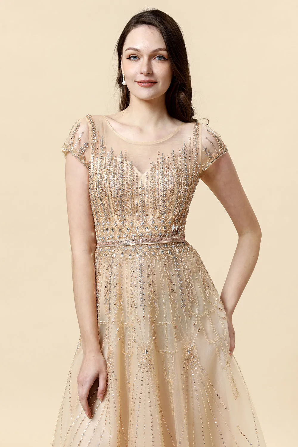 A Line Round Neck Golden Beaded Floor Length Formal Dress sold by Zapaka product image thumbnail 3