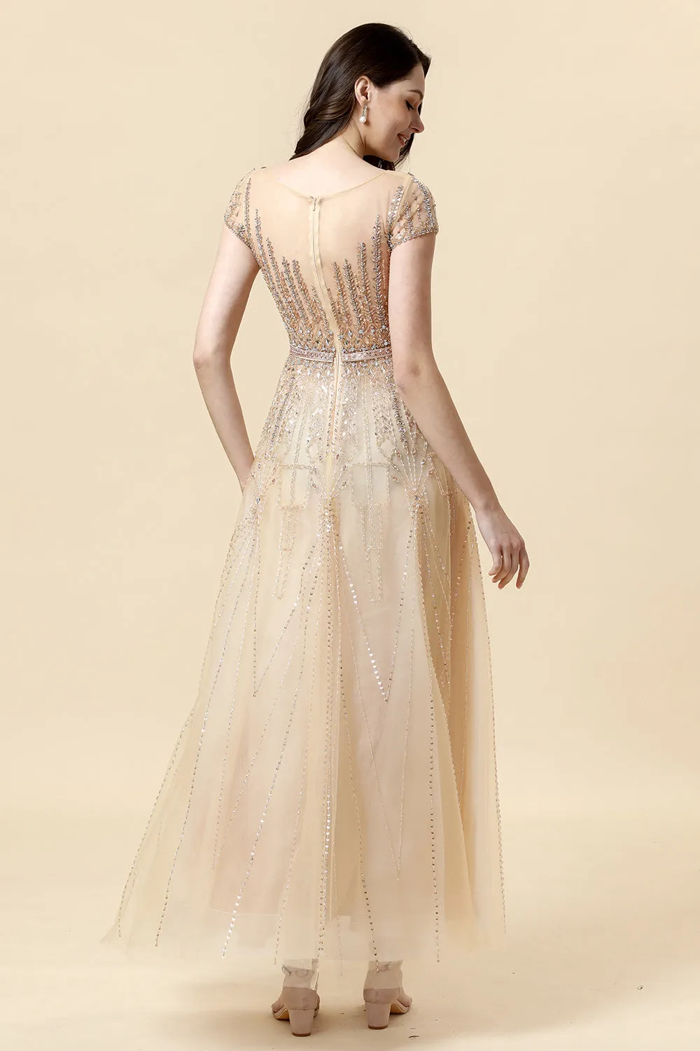 A Line Round Neck Golden Beaded Floor Length Formal Dress sold by Zapaka product image thumbnail 2