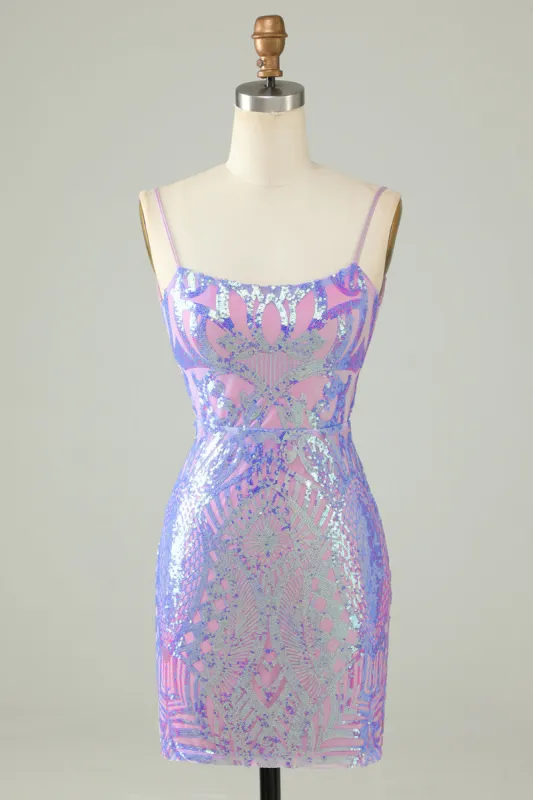 Sparkly Purple Sequin Backless Tight Short Homecoming Dress sold by Zapaka