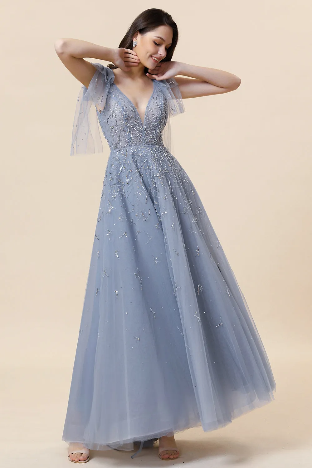 Sparkly Beaded Blue Long Tulle Prom Dress sold by Zapaka product image thumbnail 4