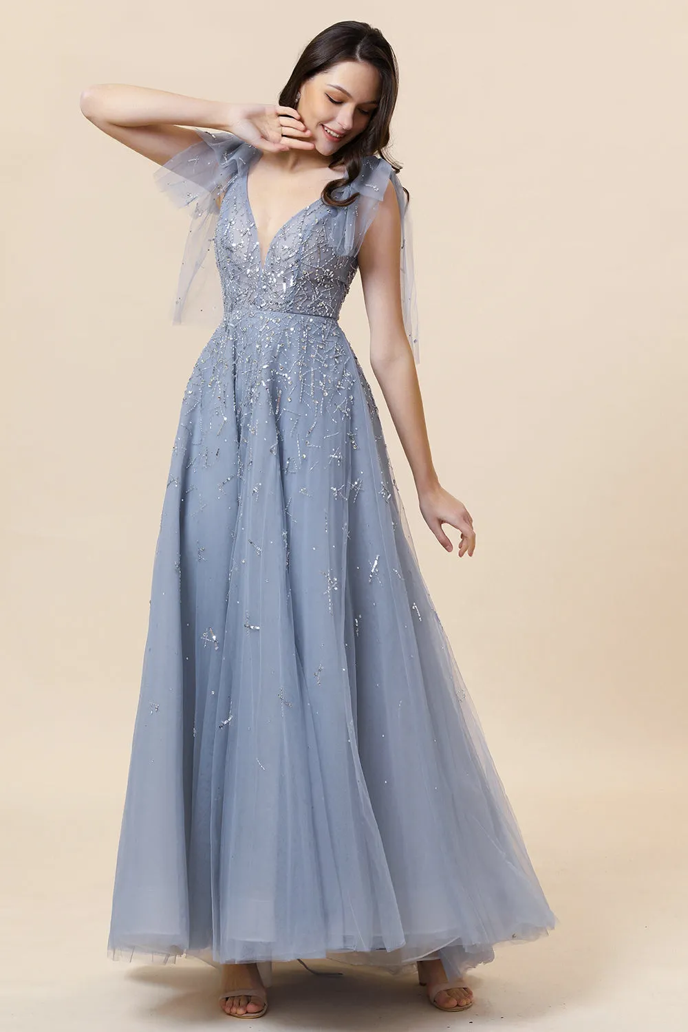 Sparkly Beaded Blue Long Tulle Prom Dress sold by Zapaka product image thumbnail 5
