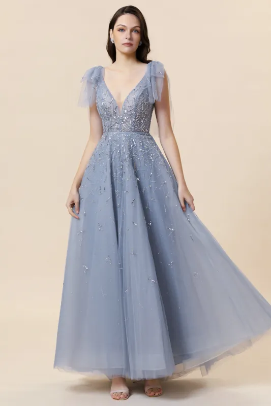 Sparkly Beaded Blue Long Tulle Prom Dress sold by Zapaka
