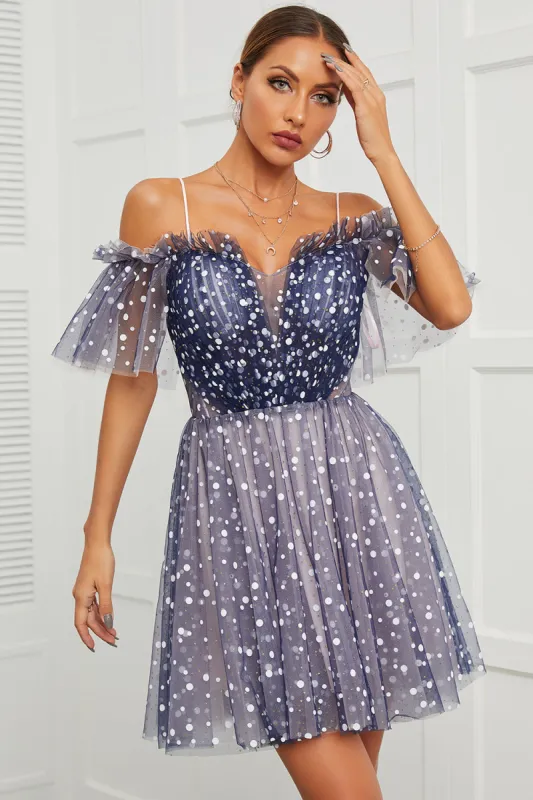 Cute Navy A Line Polka Dots Off Shoulder Homecoming Dress sold by Zapaka
