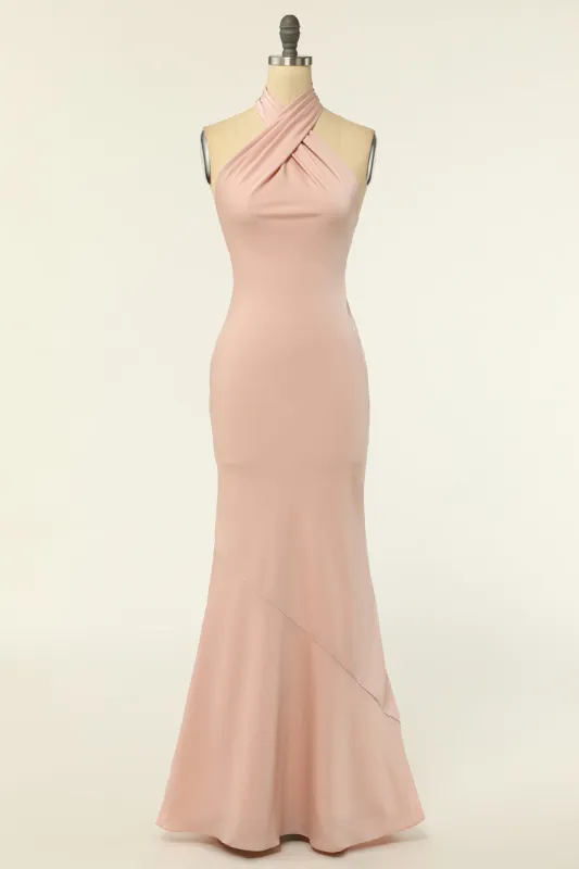 Mermaid Halter Blush Long Bridesmaid Dress with Backless sold by Zapaka