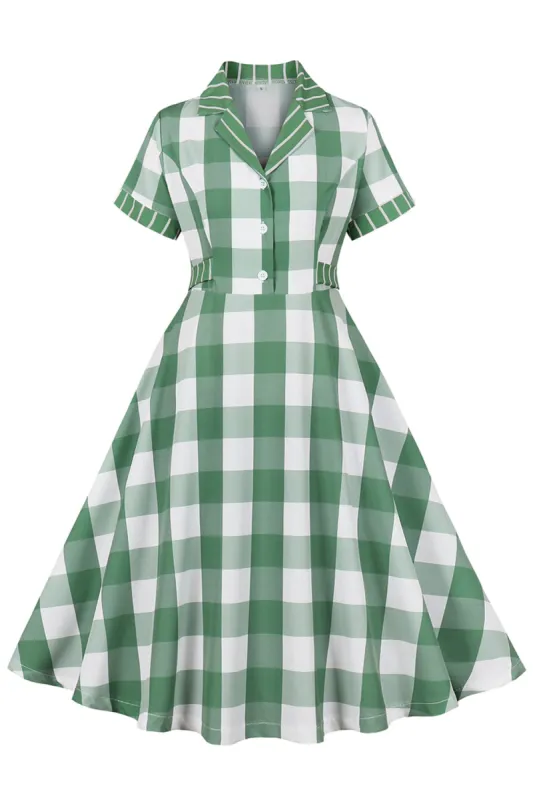 Plaid Green Short Sleeves Retro 1950s Dress with Bows sold by Zapaka