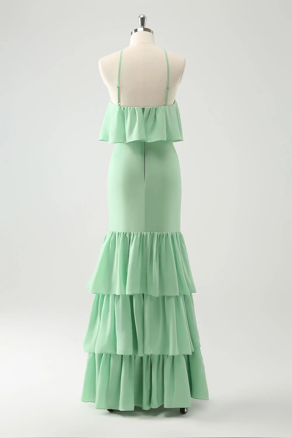 Green Tiered Chiffon Mermaid Halter Tiered Wedding Guest Dress sold by Zapaka product image thumbnail 2
