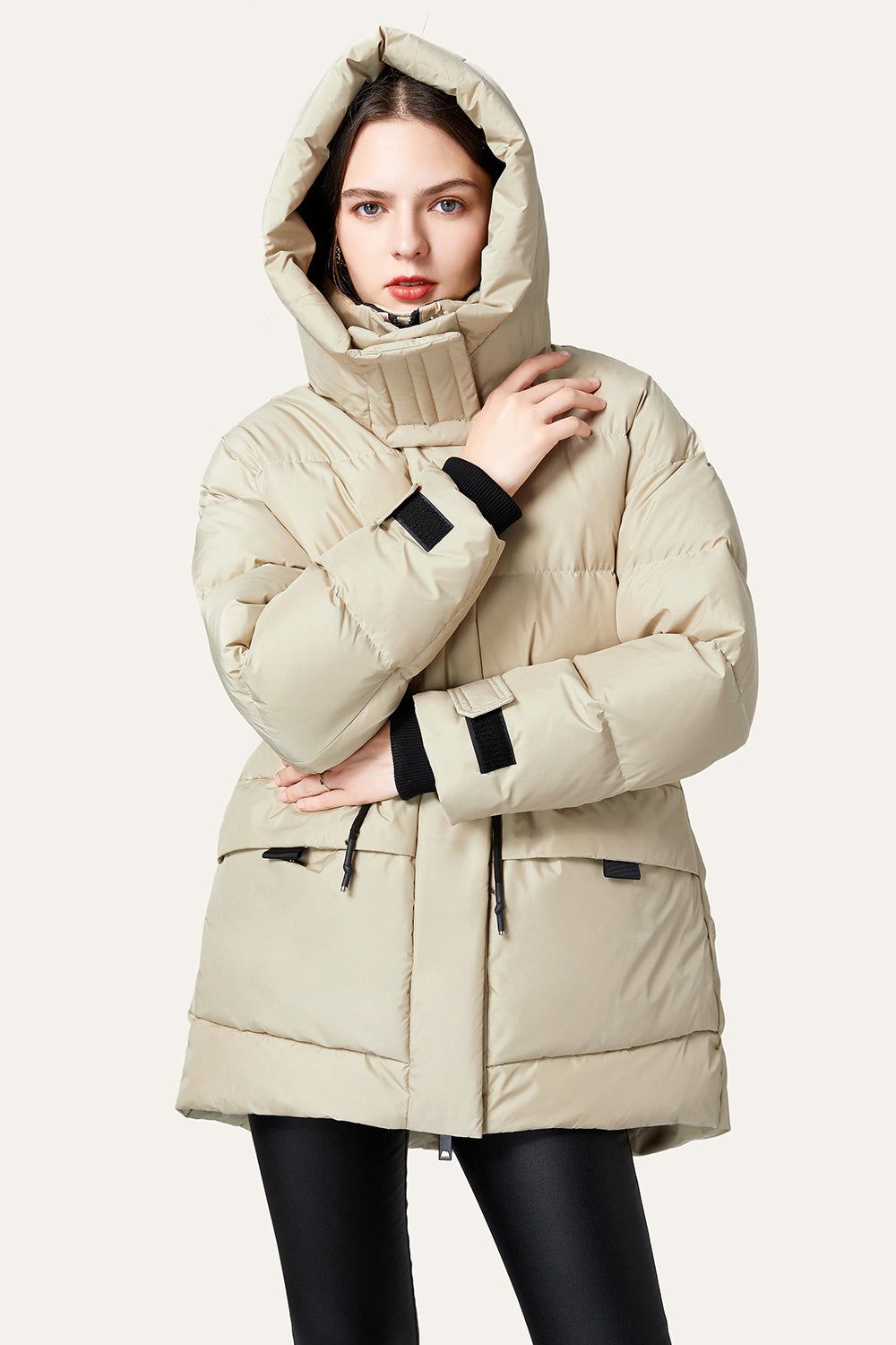 Khaki Oversized Zipper Cropped Hooded Puff Jacket sold by Zapaka