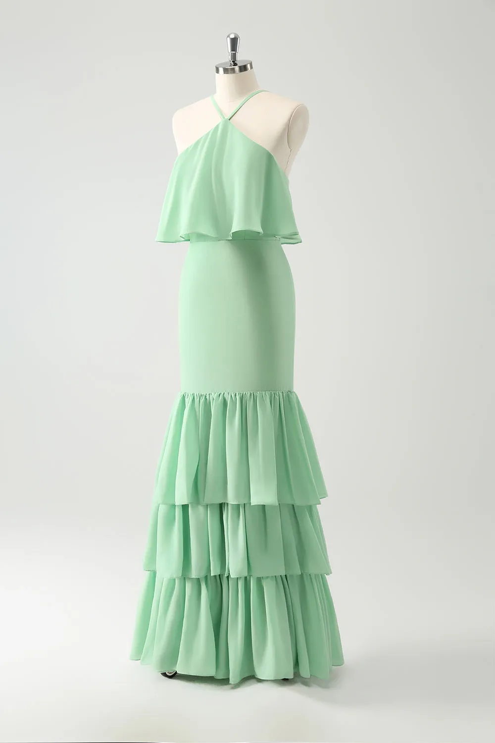 Green Tiered Chiffon Mermaid Halter Tiered Wedding Guest Dress sold by Zapaka product image thumbnail 3