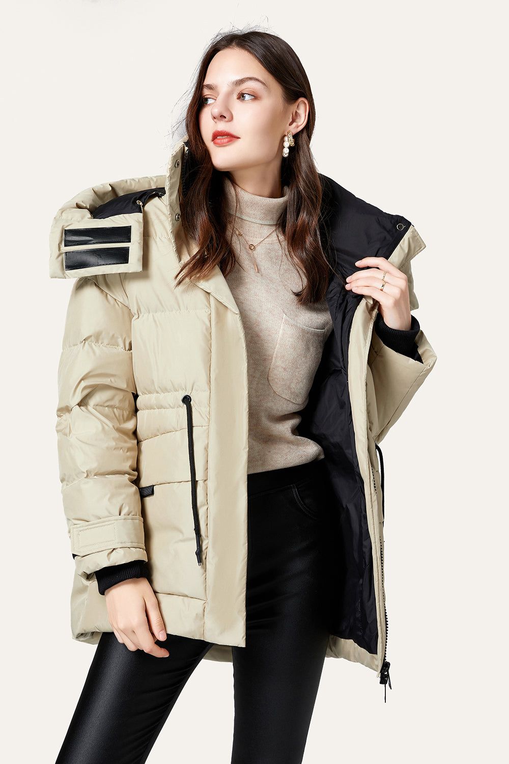 Khaki Oversized Zipper Cropped Hooded Puff Jacket sold by Zapaka product image thumbnail 5