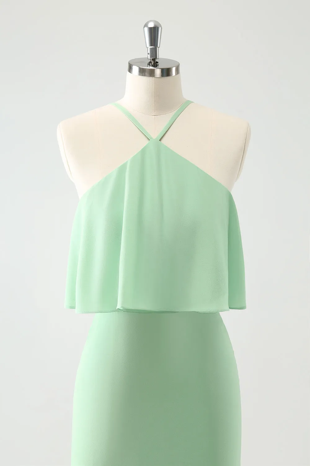 Green Tiered Chiffon Mermaid Halter Tiered Wedding Guest Dress sold by Zapaka product image thumbnail 4