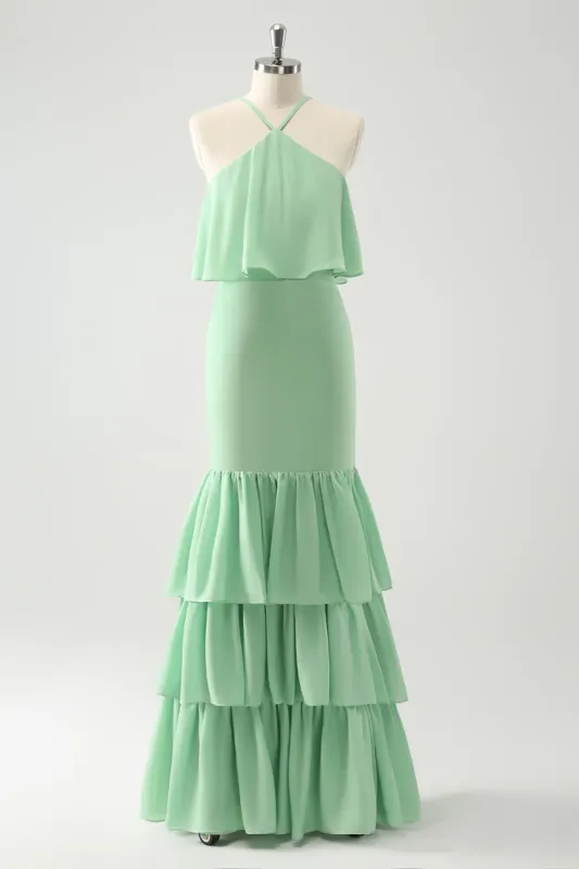 Green Tiered Chiffon Mermaid Halter Tiered Wedding Guest Dress sold by Zapaka