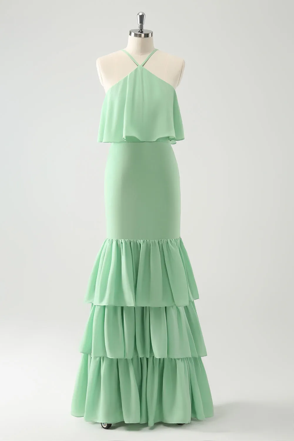 Green Tiered Chiffon Mermaid Halter Tiered Wedding Guest Dress sold by Zapaka