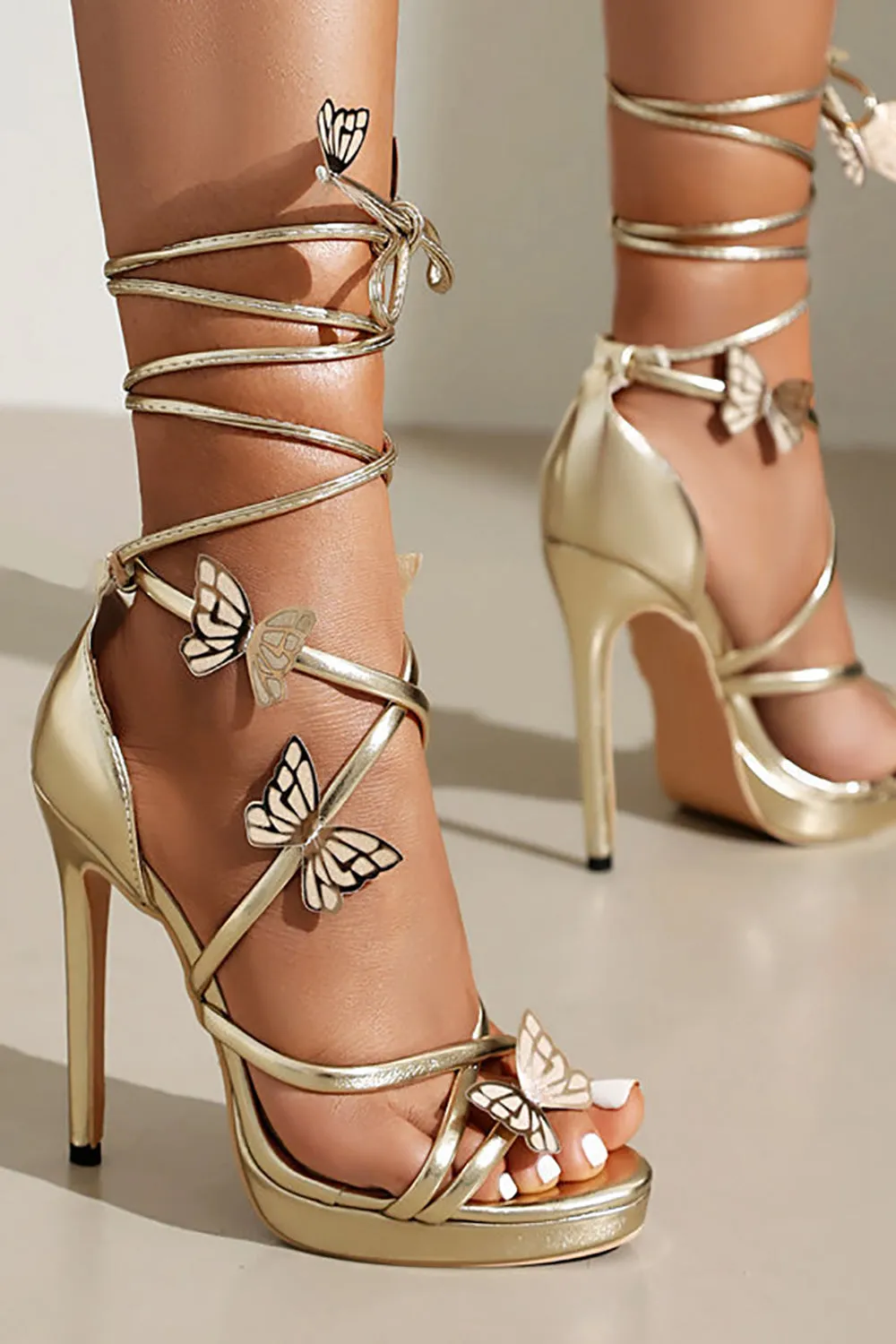 Women's Golden Metallic Strappy Stilletos Heels Sandals Shoes with Butterfly sold by Zapaka product image thumbnail 3