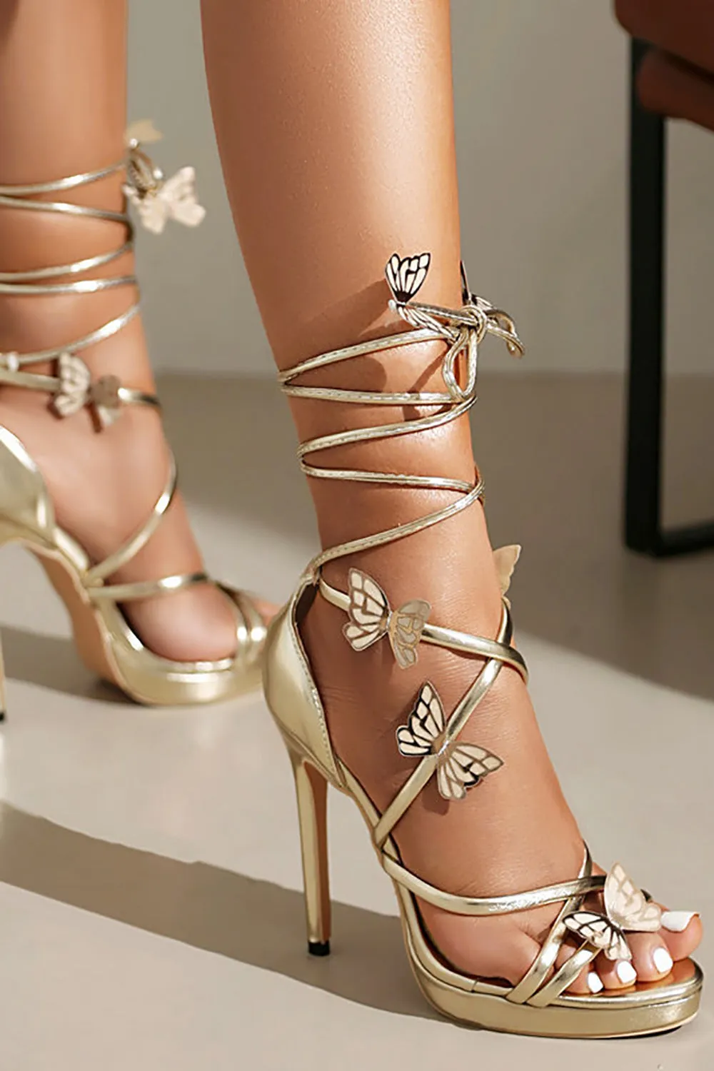Women's Golden Metallic Strappy Stilletos Heels Sandals Shoes with Butterfly sold by Zapaka product image thumbnail 4