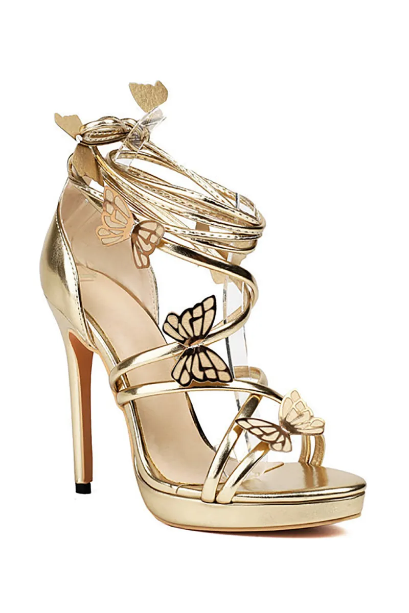 Women's Golden Metallic Strappy Stilletos Heels Sandals Shoes with Butterfly sold by Zapaka