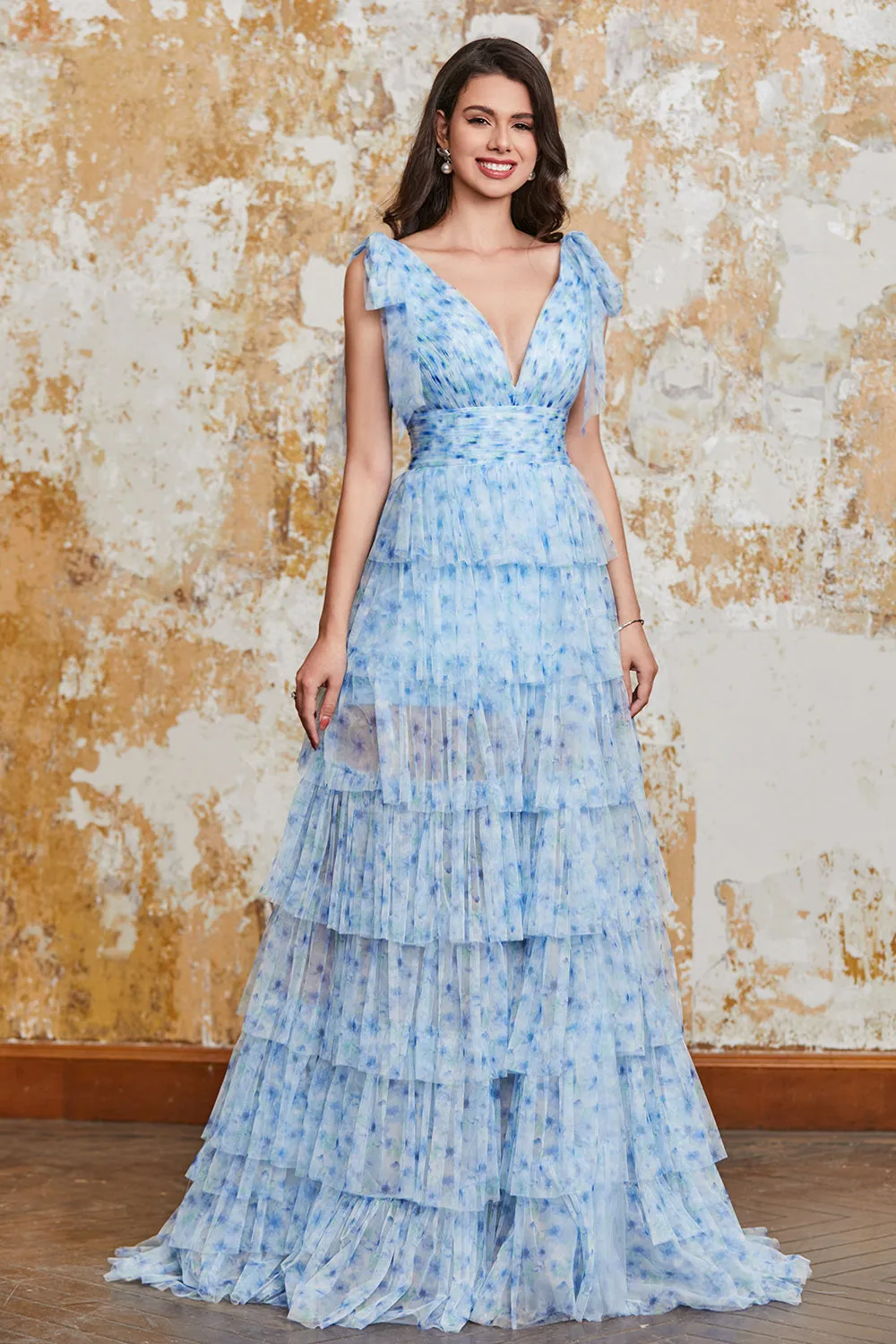 Princess A Line V Neck Blue Long Prom Dress with Ruffles Slit sold by Zapaka product image thumbnail 5