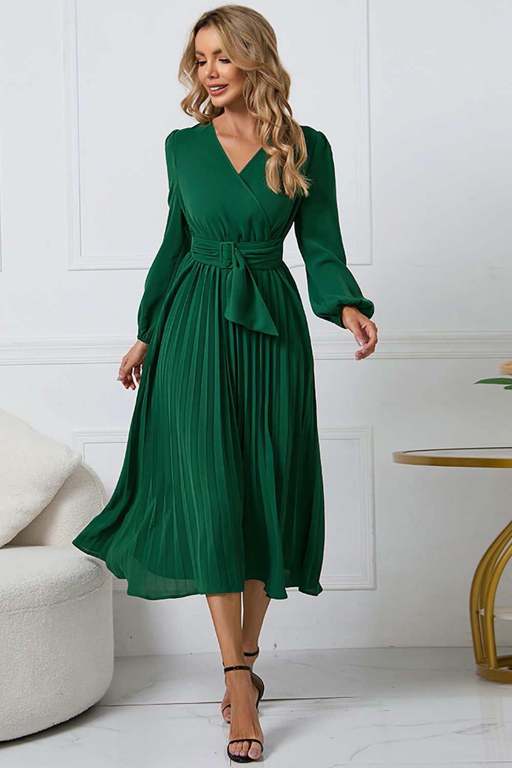 Long Sleeves Green Casual Dress with Ruffles sold by Zapaka