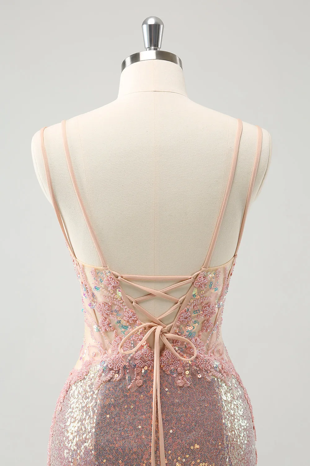 Sparkly Blush Spaghetti Straps Tight Short Homecoming Dress with Lace-Up Back sold by Zapaka product image thumbnail 5