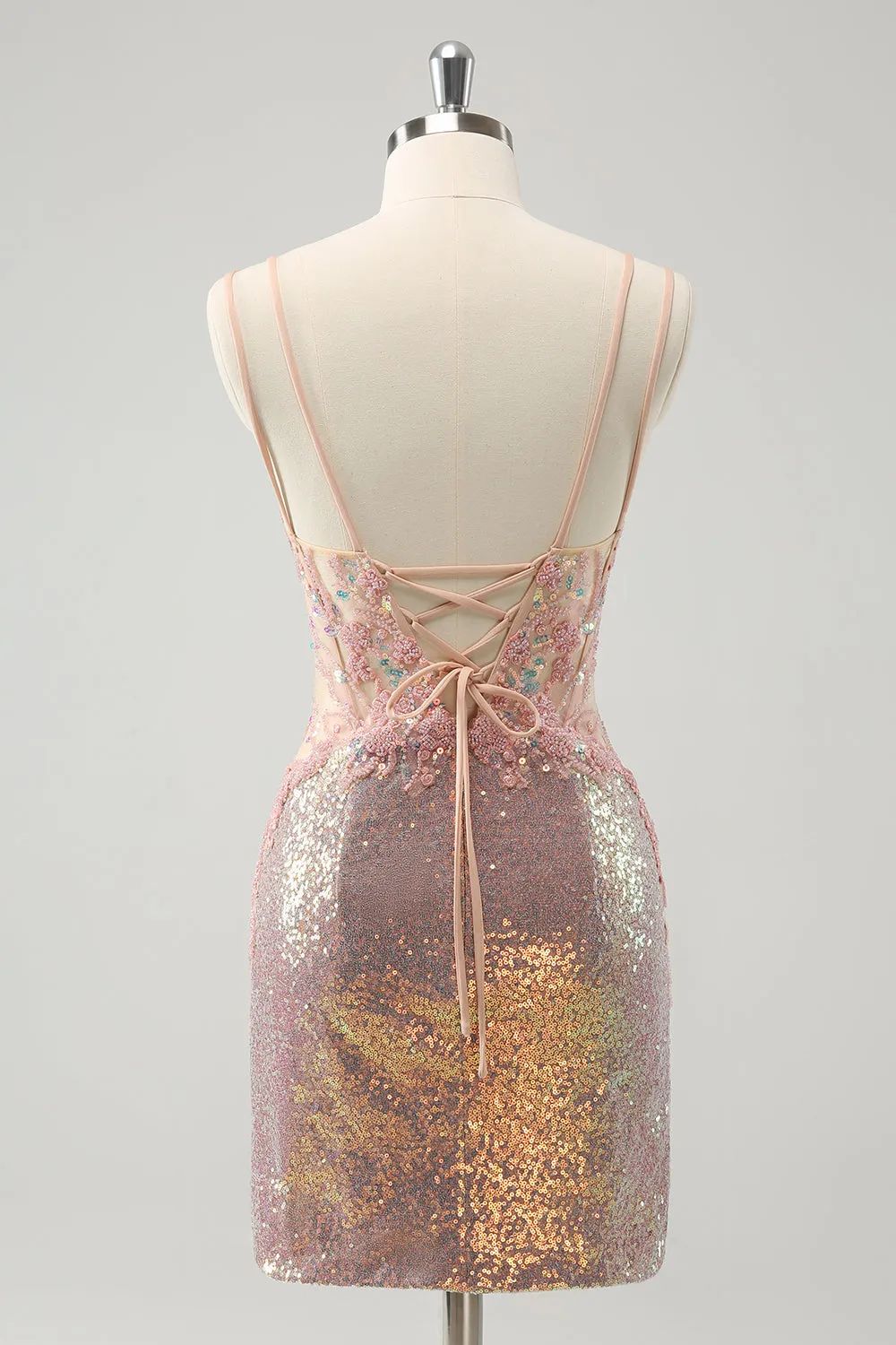 Sparkly Blush Spaghetti Straps Tight Short Homecoming Dress with Lace-Up Back sold by Zapaka product image thumbnail 2