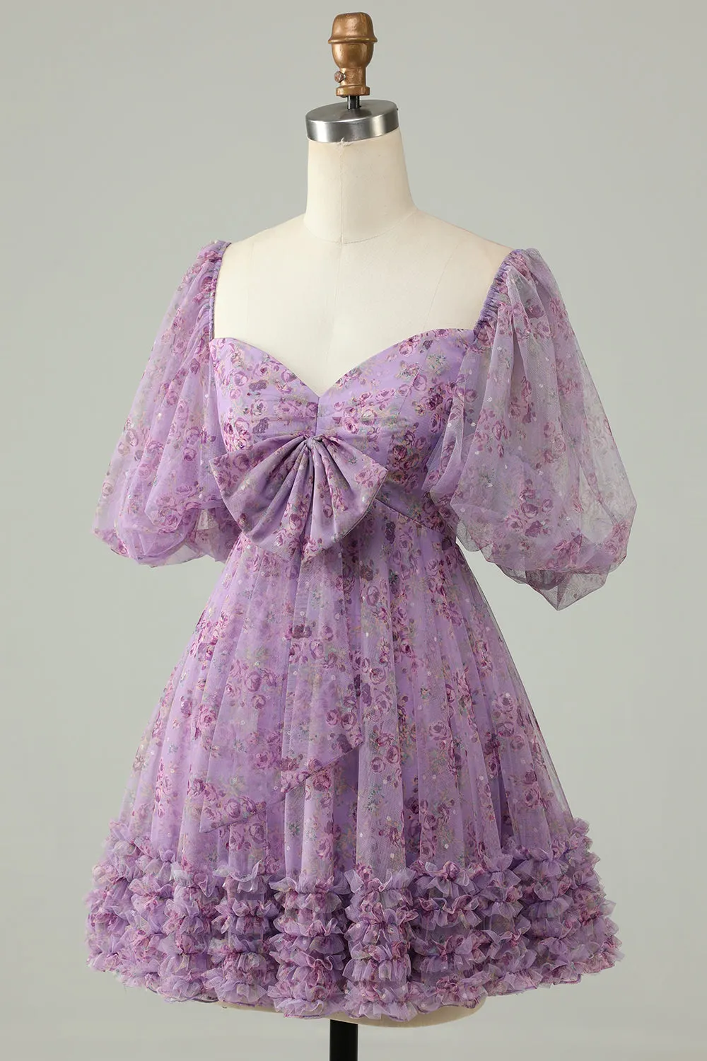 Purple A-Line Puff Sleeves Tulle Short Homecoming Dress sold by Zapaka product image thumbnail 3