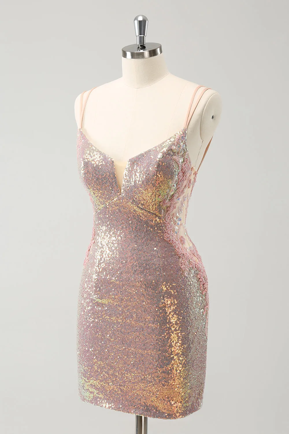 Sparkly Blush Spaghetti Straps Tight Short Homecoming Dress with Lace-Up Back sold by Zapaka product image thumbnail 3