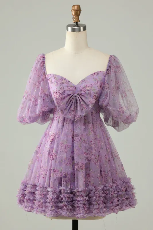 Purple A-Line Puff Sleeves Tulle Short Homecoming Dress sold by Zapaka
