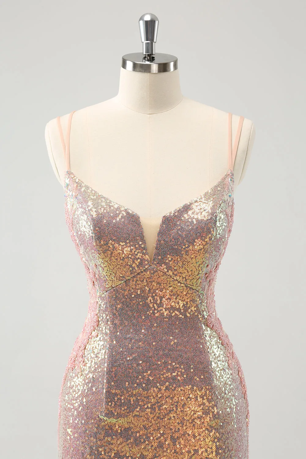 Sparkly Blush Spaghetti Straps Tight Short Homecoming Dress with Lace-Up Back sold by Zapaka product image thumbnail 4