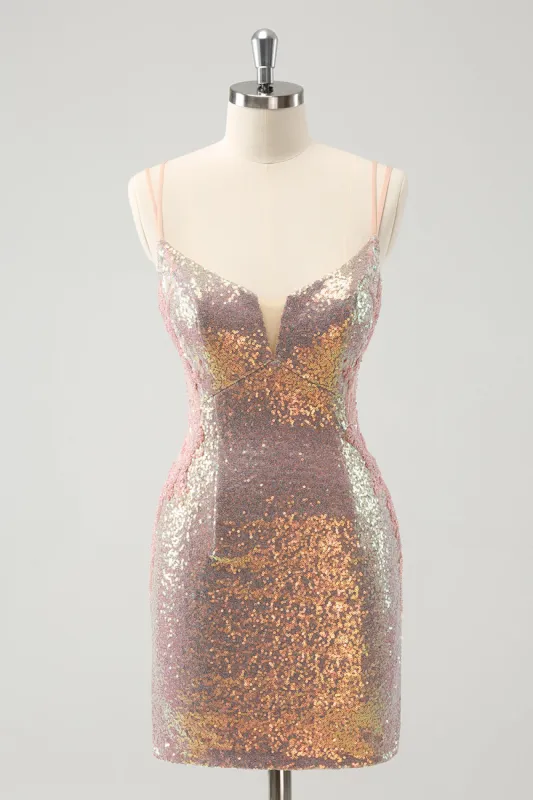 Sparkly Blush Spaghetti Straps Tight Short Homecoming Dress with Lace-Up Back sold by Zapaka