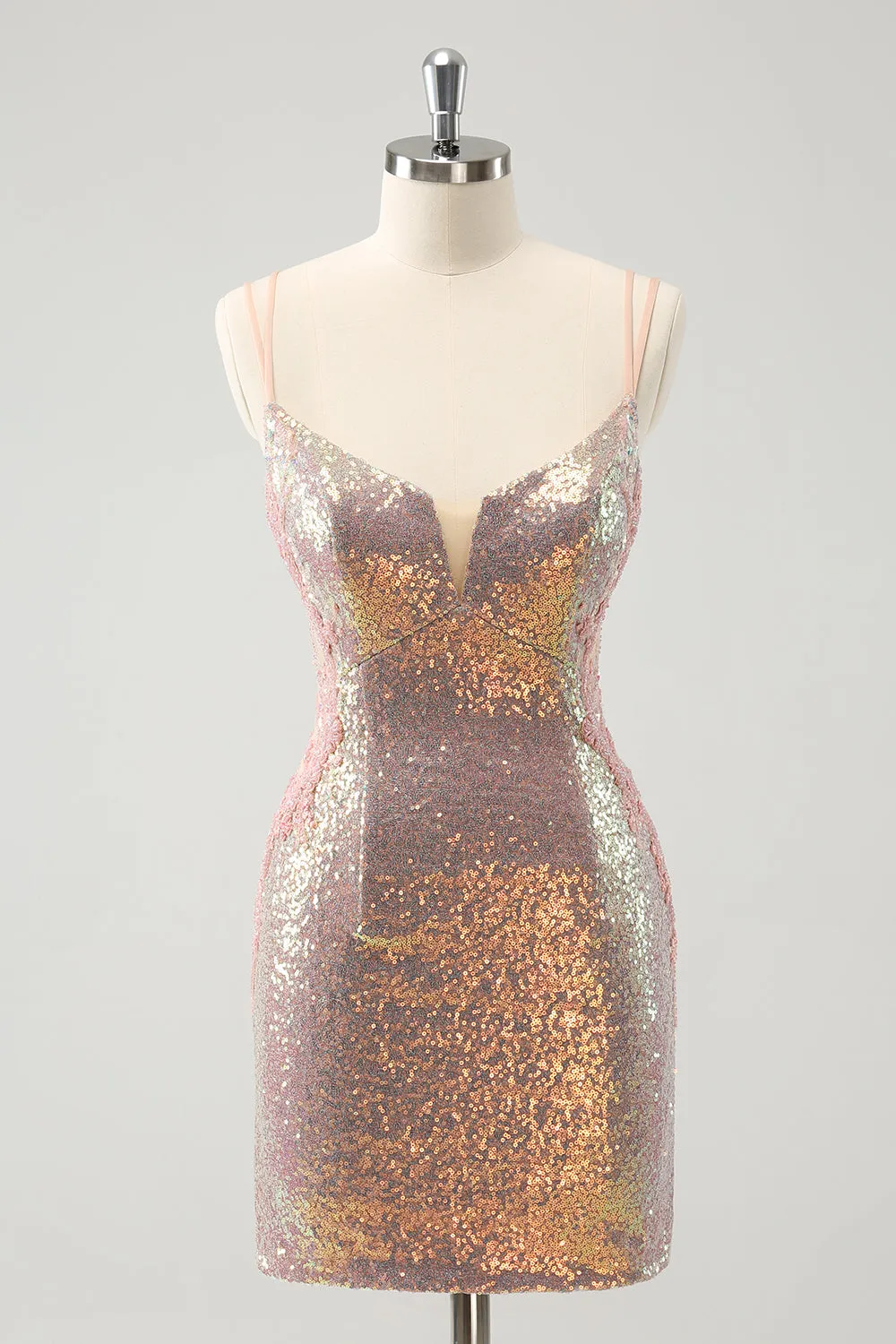 Sparkly Blush Spaghetti Straps Tight Short Homecoming Dress with Lace-Up Back sold by Zapaka