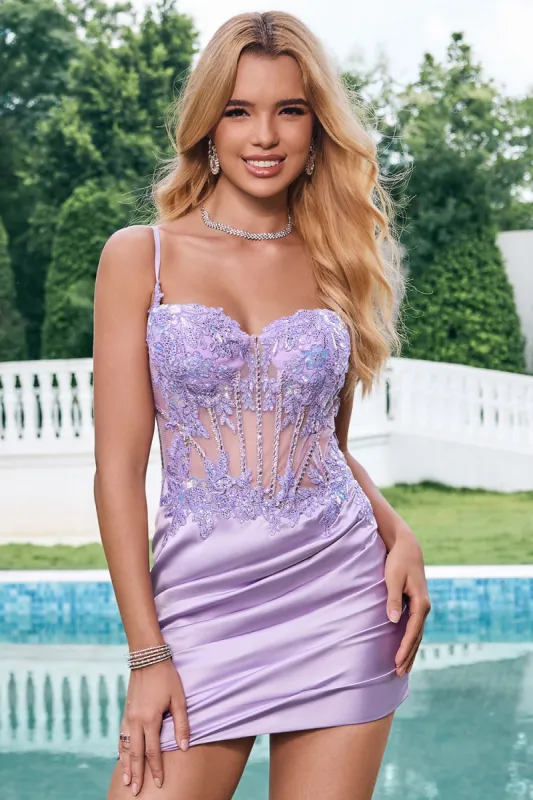 Unique Sparkly Tight Corset Sequin Pleated Purple Homecoming Dress with Appliques sold by Zapaka
