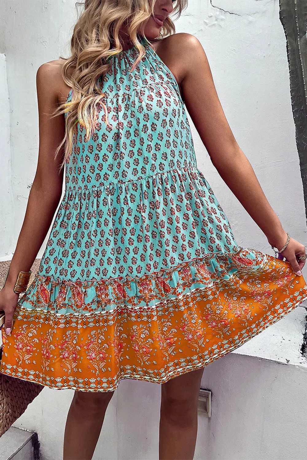 Halter Neck Bohemian Style Printed Green Summer Dress sold by Zapaka product image thumbnail 3
