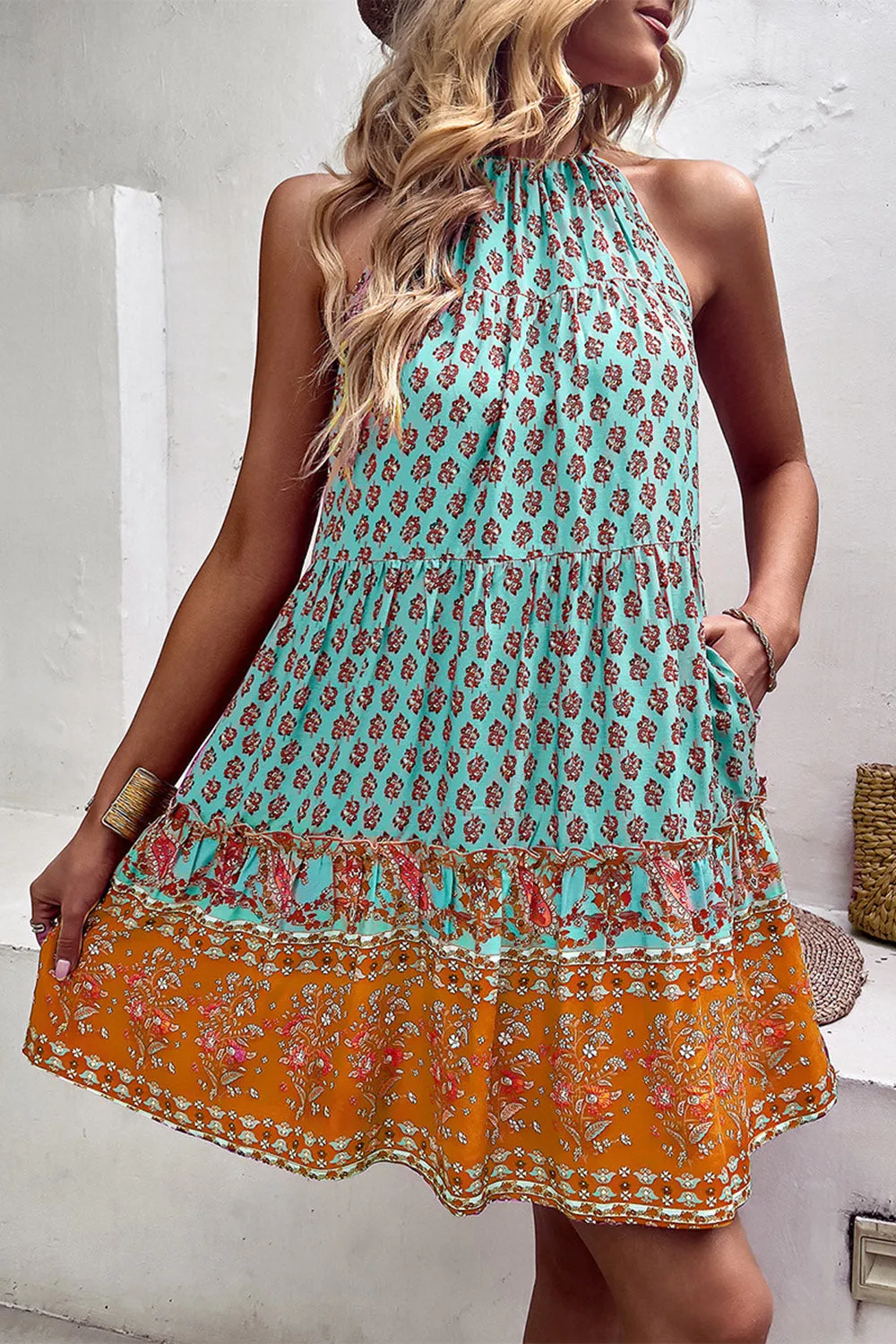 Halter Neck Bohemian Style Printed Green Summer Dress sold by Zapaka product image thumbnail 4