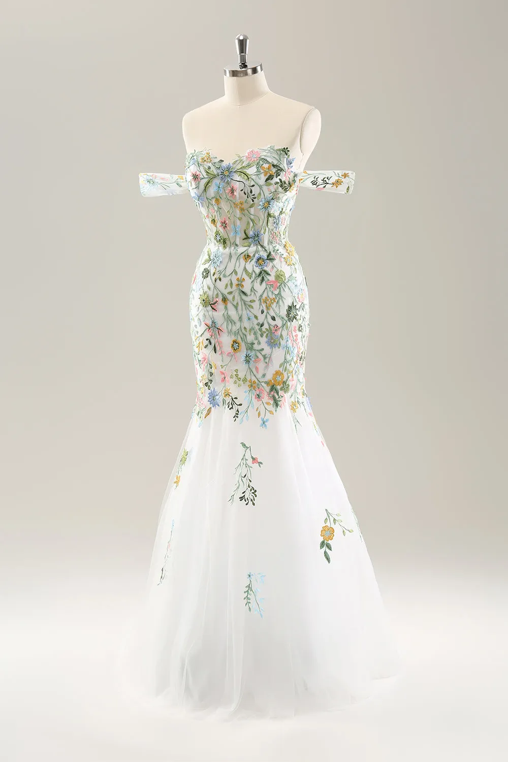 White Mermaid Off the Shoulder Flowers Corset Wedding Dress sold by Zapaka product image thumbnail 3