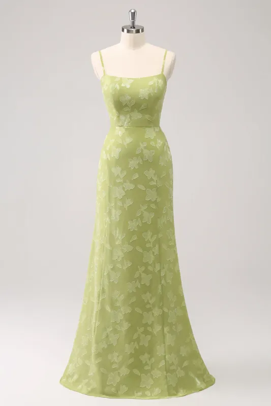 Green Embroidery Mermaid Bridesmaid Dress with Lace Up Back sold by Zapaka