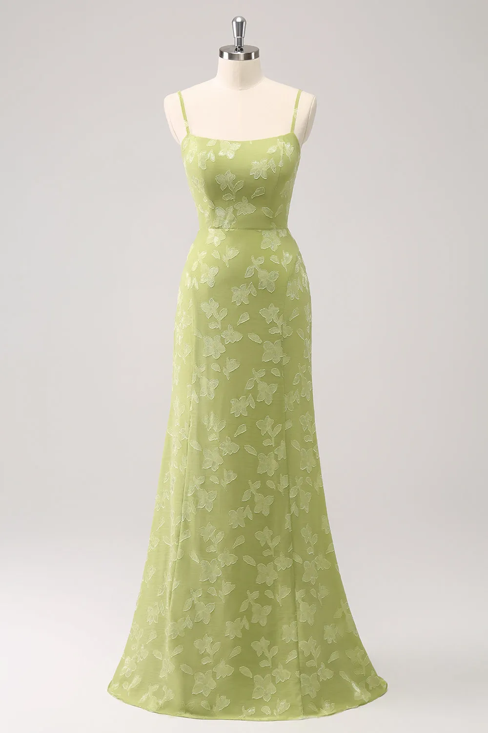Green Embroidery Mermaid Bridesmaid Dress with Lace Up Back sold by Zapaka