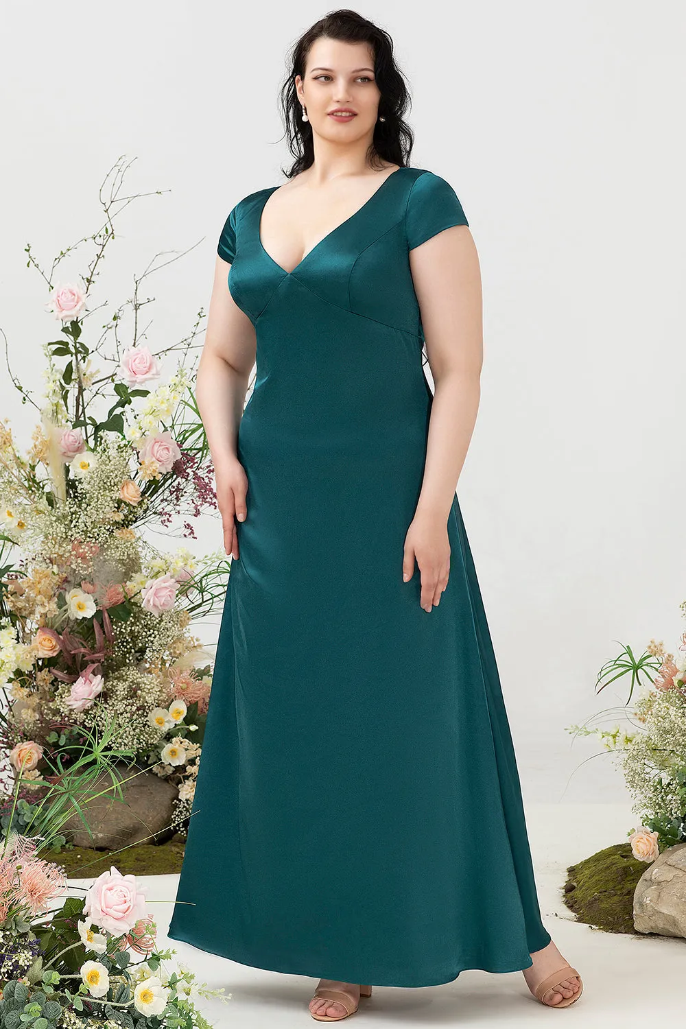 A Line V Neck Dark Green Plus Size Bridesmaid Dress with Open Back sold by Zapaka product image thumbnail 4