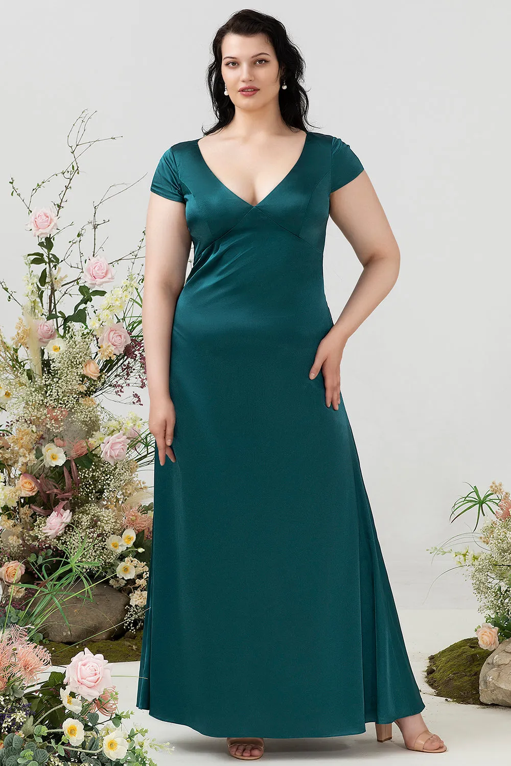 A Line V Neck Dark Green Plus Size Bridesmaid Dress with Open Back sold by Zapaka product image thumbnail 3