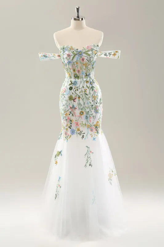 White Mermaid Off the Shoulder Flowers Corset Bridal Dress sold by Zapaka